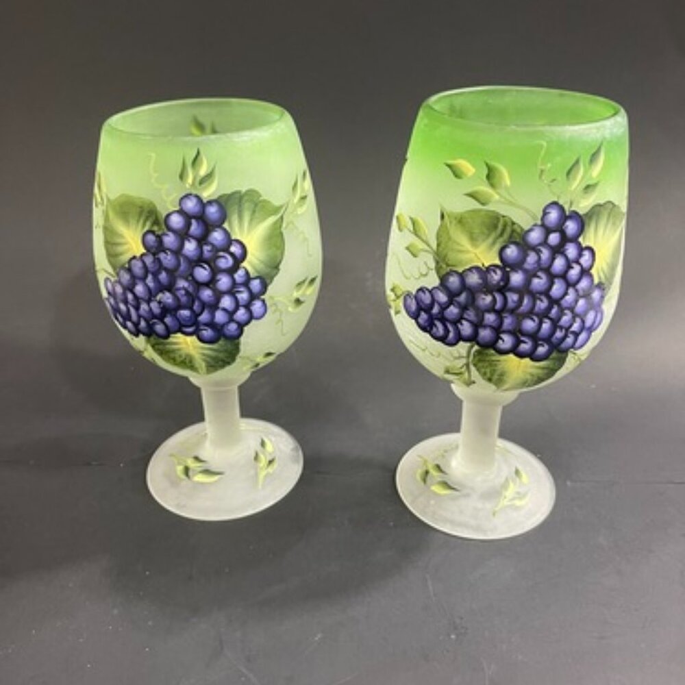 Vintage Frosted Satin Hand-Painted Goblets/Wine Glasses - Grape and Vine Design